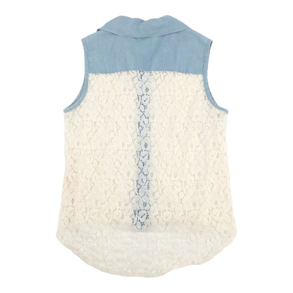 Penelope Lace Front Sleeveless Chambray Button Front Blouse Small Blue White Top - Picture 2 of 6